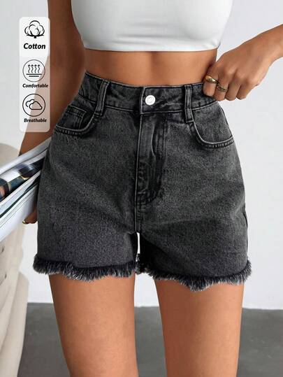 EURMUSE High Waist Grey Wash Raw Trim Denim Shorts Womens Shorts Womens Petite Women S Outfits Womens Skirt Women S Clothes Woman S Summer Clothes Women Plus Clothing Shorts Women S Bottoms Women Short Set