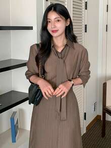 DAZY 女士棕色衬衫式收腰休闲中长连衣裙 - 棕色 - 查看 5