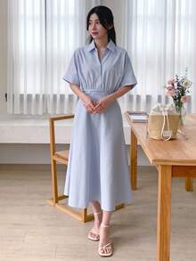 DAZY 女士翻领短袖收腰休闲优雅中长连衣裙 - 藍色 - 查看 4