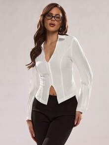 Glamine Elegant Minimalist High-End White Shirt Collar Open Front Button Long Sleeve Jacket For Women, Spring/Autumn - White - View 7