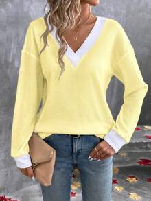 EMERY ROSE Women's Casual V-Neck Contrast Binding Loose Waffle Knit T-Shirt, Suitable For Spring/Autumn Daily Commute - Multicolor - View 4