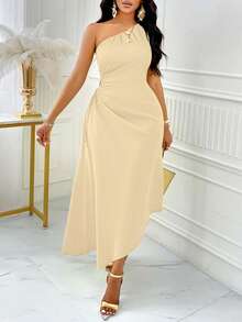 SOLERSUN One Shoulder Cut Out Drawstring Side Asymmetrical Hem Dress Dress Maxi Women Outfit - Apricot - View 4