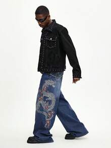 ROMWE MEN Street Life 男士中国龙图案口袋阔腿宽松休闲牛仔裤 - 藍色 - 查看 6