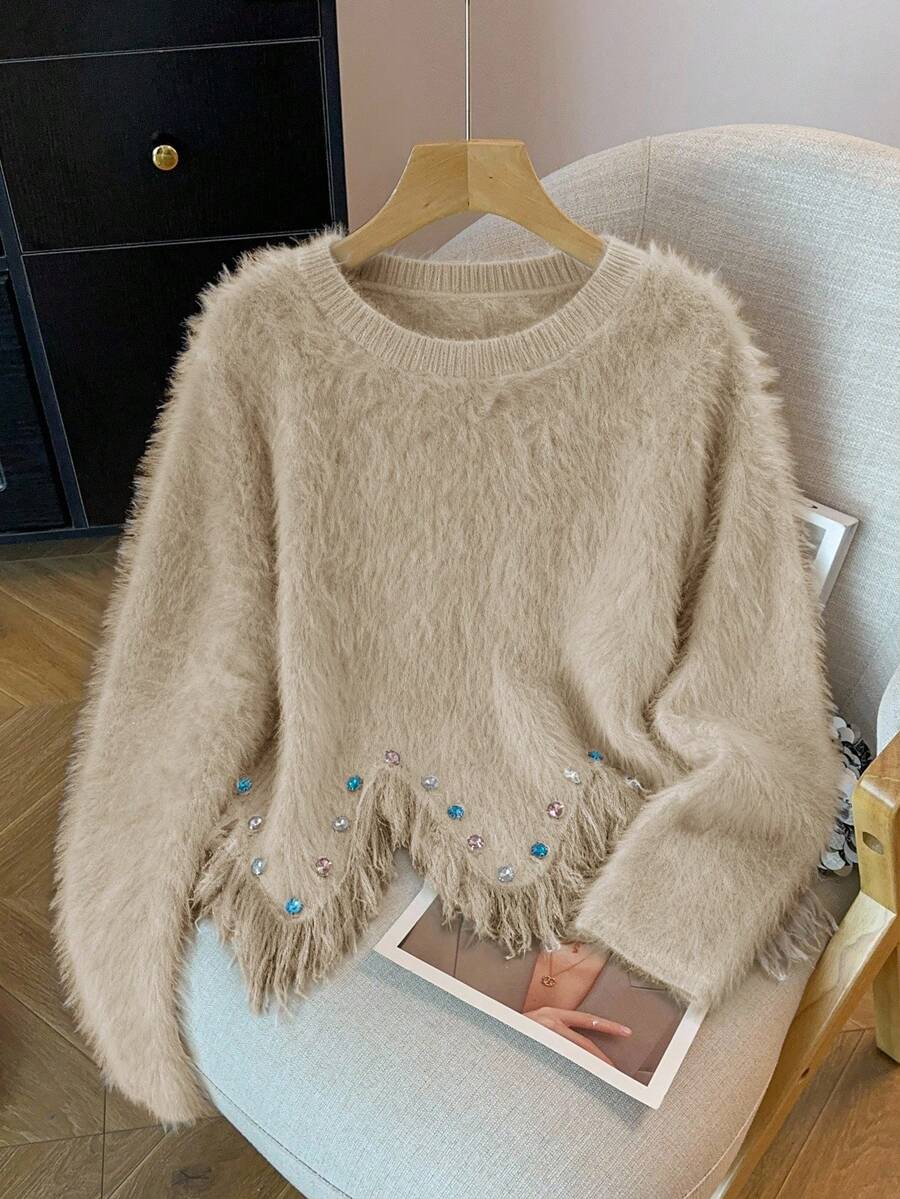 GlowEve pull col rond ajusté avec strass, fait main, en fausse fourrure de vison douce et confortable, avec ourlet asymétrique à franges. Décontracté pour tous les jours, automne/hiver - Nude - Voir 1