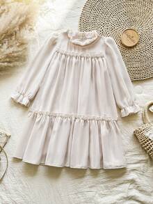 SHEIN Vintaside Kids Girls Elegant Princess Ruffled Collar, Bubble Long Sleeve Jacquard Embroidery Double Layered Sleeve, Ruffled Hem Loose Ladylike Princess Dress, Suitable For Vacation, Travel, Party Gifts, Spring And Autumn - Apricot - View 8