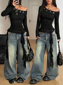 Coolane 女士秋季音乐会街头风 Y2K 度假辣妹休闲弹力不对称领口网纱拼接荷叶边流苏T恤 - 黑色 - 查看 3