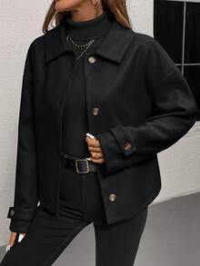 SHEIN LUNE 女式纯色落肩长袖单排扣休闲大衣，秋冬季 - 黑色 - 查看 6