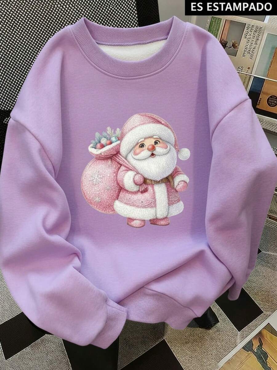 Sudadera Mujer Estilo Casual Navidad Estampado Papá Noel Diseño Creativo Suelta Cuello Redondo Manga Larga Invierno Fiesta Sudadera - Púrpura malva - Ver 1