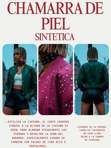 Chaqueta corta casual tipo motera para mujer, tela de poliuretano, poliéster y viscosa, apta para temporadas de invierno y otoño. Cuello en redondo, elegante pedrería artificial y estoperoles decorativos. Manga larga, interior forrado, muy cálido y cómodo, ajuste con botones de presión metálicos. Sin bolsillos. - Rosa - Ver 5