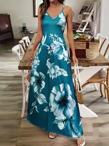 Breezaya Đầm Maxi họa tiết hoa nhiệt đới gợi cảm dành cho nữ - Màu xanh ngọc - Xem 3