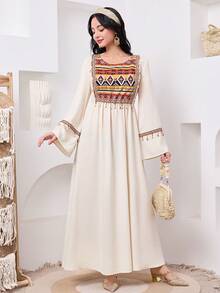 SHEIN Teen Girls' Spring/Summer New Woven Patchwork Print Tassel Casual Long Sleeve Dress, Traditional Robe, Traditional Arabic Clothing, Kaftan, Jalabiya, Abaya Robe, Ramadan, Matching Sisters, Mother-Daughter Matching - Apricot - View 3