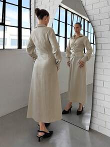 Siren Gaze Women's Elegant Beige Pleated Bust Button Half-Placket Shirt Dress,Autumn Casual Work Linen Long Dresses For Everyday,Vacation,Beach & Spring Clothing - Apricot - View 2