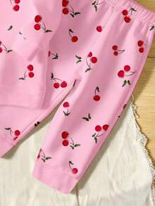 2pcs/Set Baby Girl Cherry Print Digital Printing Pink Hooded Long Sleeve Knit Sweatshirt, Cherry Print Pink Pants Set, Suitable For Autumn/Winter/Spring, Fits 6 Months To 2-3 Years Old, Baby Girl Casual Daily Wear Hooded Long Sleeve Sweatshirt And Pants Set - Multicolor - View 3