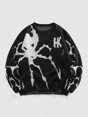 Jersey de cuello redondo de punto oscuro con diseño de araña para hombre