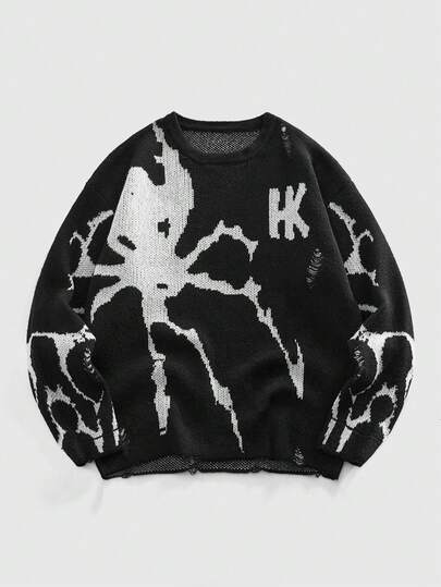 Maglione girocollo da uomo in maglia scura a motivo di ragno