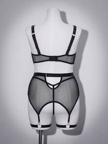 SHEIN Bộ đồ lót gợi cảm 4 món cỡ lớn với thiết kế lưới mỏng, buộc dây và nịt eo - màu đen - Xem 2