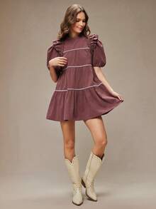 WESTFADE 撞色滚边高领荷叶边短袖层叠灯芯绒迷你连衣裙，适合春季、度假、夏季、春假、节日、休闲、可爱、波西米亚风、纳什维尔、乡村音乐会、西部牛仔风等场合穿着。 - 棕色 - 查看 5