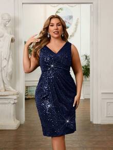 SHEIN Belle Plus Size Elegant Twist V-Neck Sequin Sleeveless Party Dress - Navy Blue - View 1
