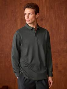 Officeau 男士长袖 Polo 衫，休闲轻薄商务纯色简约校园风长袖 T 恤，秋冬春夏皆宜 - 墨綠色 - 查看 3