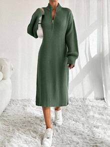 EURMUSE Women Knit Sweater Dress With Zipper Detail - Green - View 4