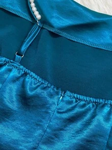 Franclia 女士优雅缎面珍珠吊带裙，A 字廓形，适合通勤、派对和活动 - 水鴨藍 - 查看 4