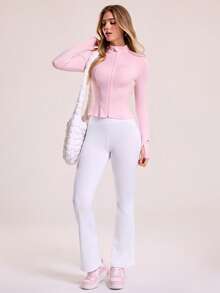 Sovereign Charm 休闲百搭粉色条纹修身舒适显瘦拇指孔运动夹克 - 粉色 - 查看 6