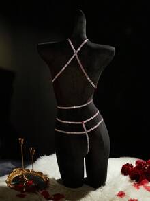 SpicyHot Bộ đồ liền thân hở lưng ren và ruy băng kim loại gợi cảm - Màu Đỏ Sâu - Xem 4