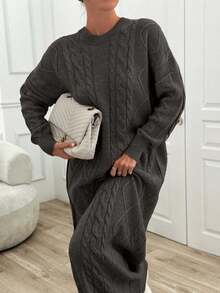 EURMUSE Autumn/Winter Casual Solid Color Lantern Sleeve Dropped Shoulder Loose Long Sweater Dress - Dark Grey - View 4