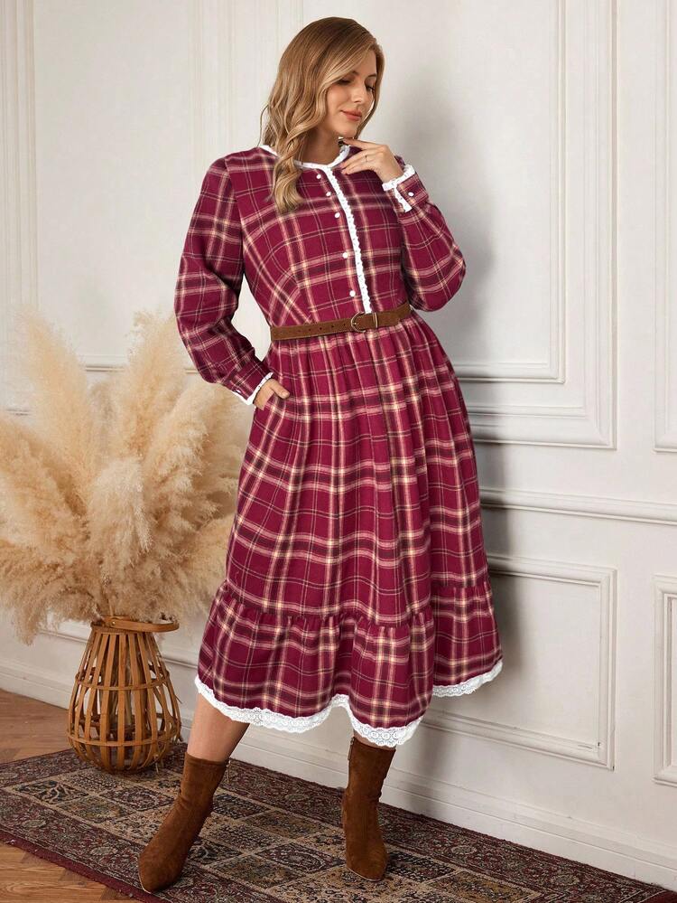 Plus Size Women's Vintage Elegant Plaid Print Contrast Lace Trim Waist Midi Dress, Spring/Autumn