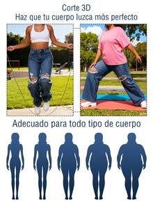 Vaqueros anchos rotos para mujer, con bolsillos, efecto desgastado, talla grande, sin elasticidad, vaqueros rectos de tiro alto, estilo retro moderno, ideales para uso diario, cómodos e informales, ideales para cualquier temporada - Azul - Ver 7