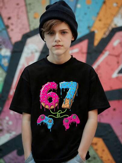 Teen Boys' Casual "67" Number SIX SEVEN Graphic Short Sleeve Round Neck T-Shirt, Street Style With 67 Digit Print, Comfortable Casual Outfit Suitable For Outings And Sports, Black