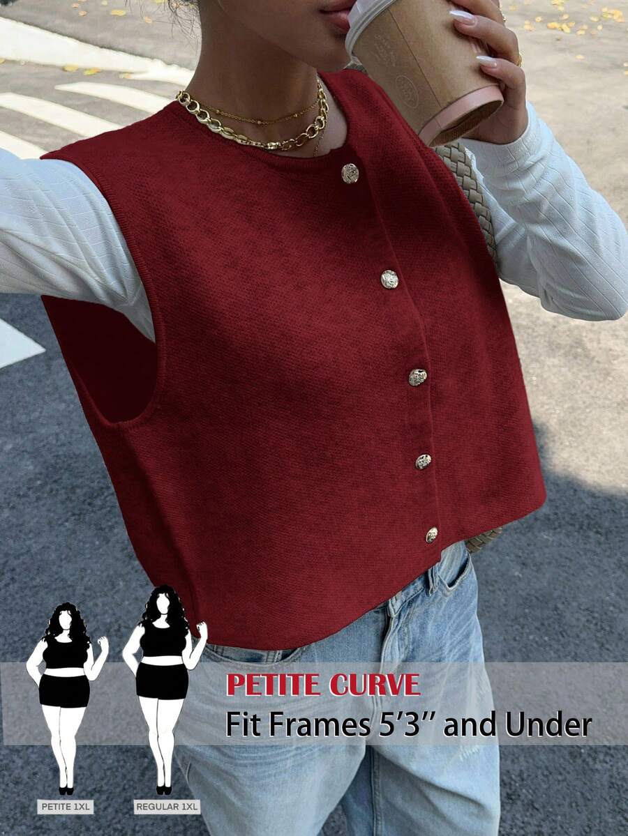 SHEIN PETITE CURVE Áo len chui đầu cổ tròn màu trơn cỡ lớn, cài nút phía trước, thường ngày, thu/đông - Màu Đỏ Sâu - Xem 1