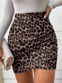 SHEIN Frenchy Minifalda ajustado elegante y casual con pliegues asimétricos, estampado de leopardo - Multicolor - Ver 6