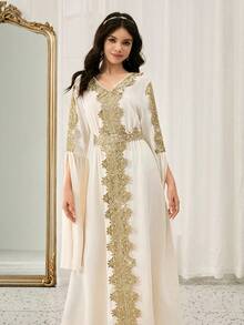 Teenage Long Dress With Middle Eastern Style Gold Trim Maxi Robe, Beige Outerwear - Beige - View 7