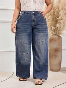 EMERY ROSE 大码女式街头休闲深蓝色复古无弹直筒牛仔裤 - 深色水洗藍 - 查看 3