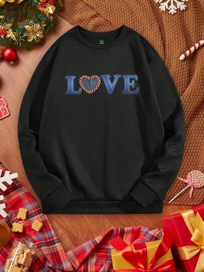 Manfinity ZONE917 Men's Casual Faux Denim LOVE Pattern Valentine's Day Print Black Pullover Pullover Sweatshirt
