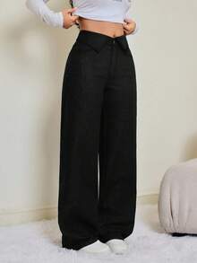 SHEIN Tall 女士翻折腰阔腿宽松休闲牛仔裤 - 黑色 - 查看 5