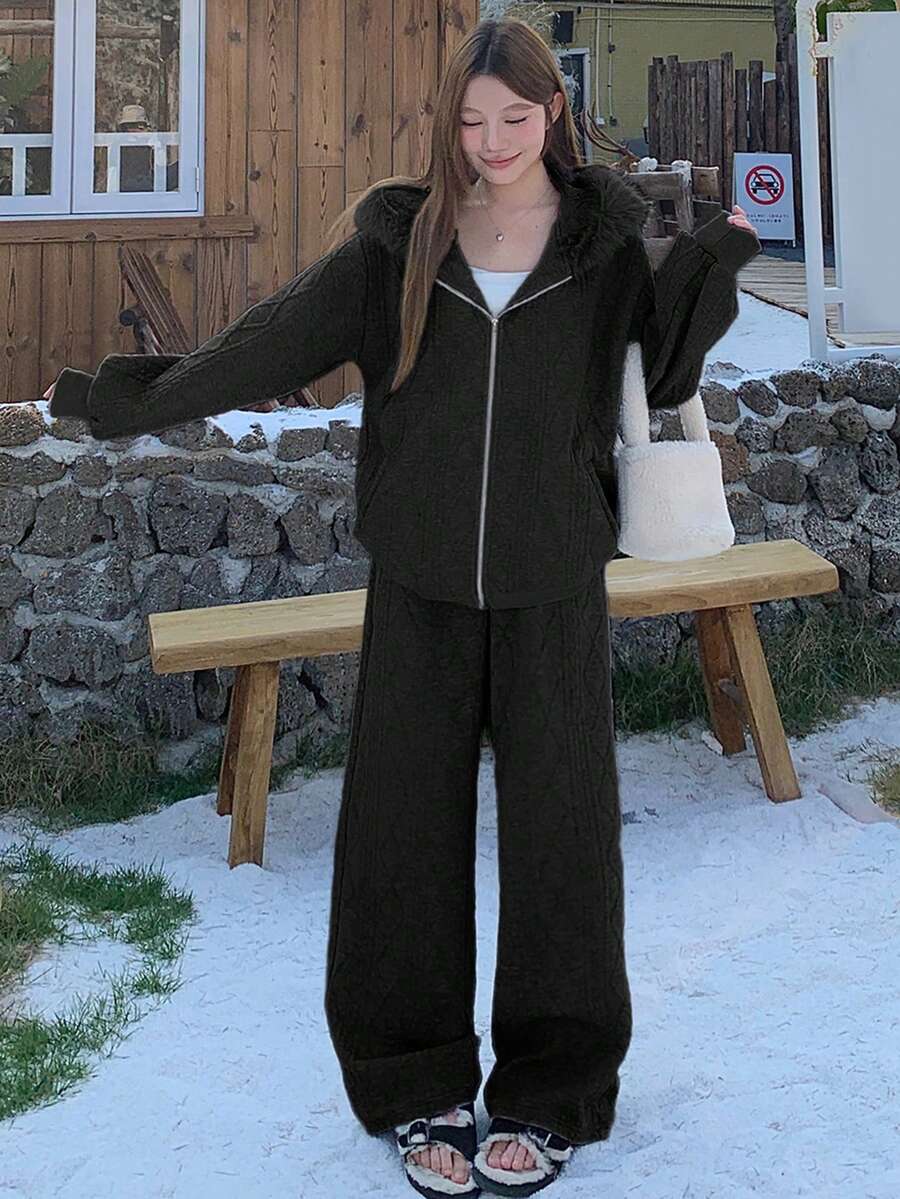 DAZY Conjunto de chaqueta con capucha y pantalones de piel sintética con parches para mujer, conjunto de ropa de estar en casa - Negro - Ver 1