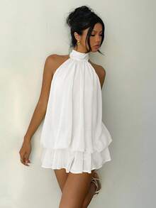 Aloruh Women's Elegant Light Yellow Halter Tie Mini Dress,White Dresses For Women - White - View 7