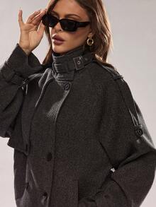 Glamine Women's Winter Retro Lapel Double-Breasted Loose Short-Sleeve Long-Sleeve Jacket, Dark Gray, Autumn-Winter Style - Dark Grey - View 4