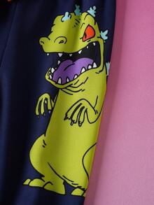 Nick 90s | SHEIN Baby Boy Cartoon Figure Graphic Colorblock Sweatshirt And Navy Blue Dog Dinosaur Print Sweatpants 2-Piece Set, Suitable For Autumn/Winter Fall