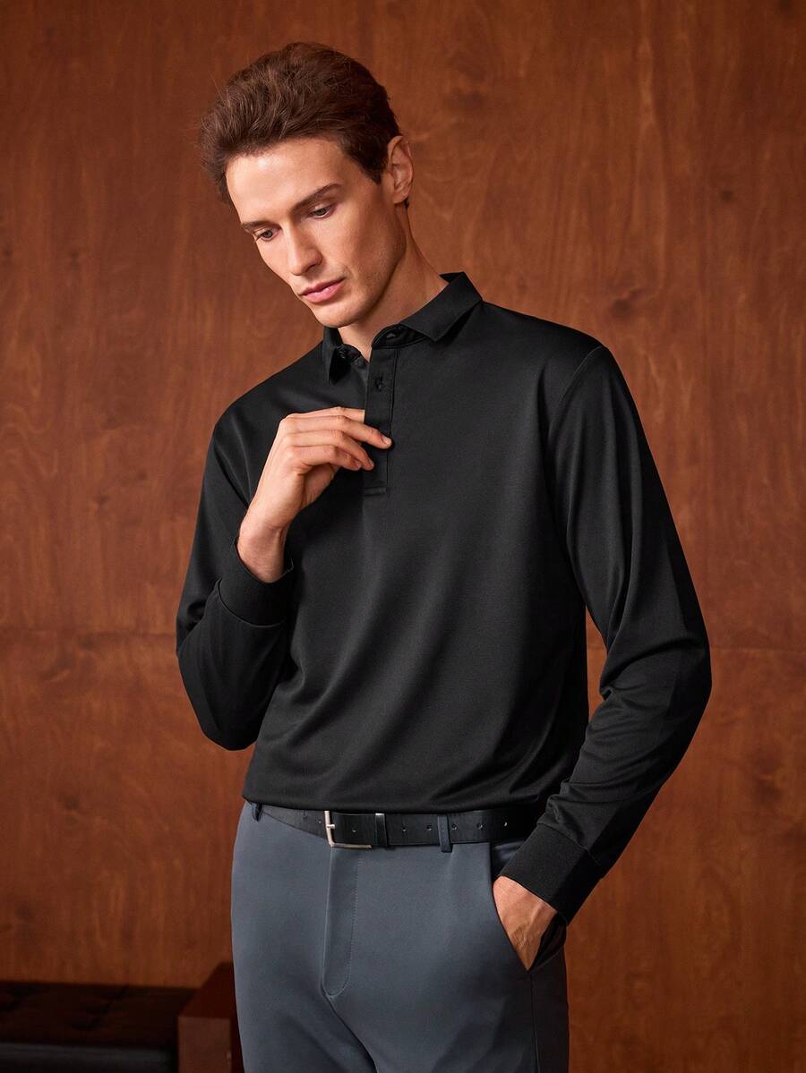 Officeau Áo Polo dài tay nam, kiểu dáng thường ngày, nhẹ nhàng, màu trơn, đơn giản, phong cách công sở, thích hợp cho mùa thu/đông, xuân/hè. - màu đen - Xem 1