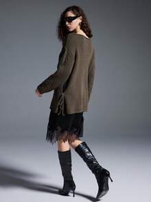 MYSTAURA Women's Casual Vacation Style 3D Embroidery Drop Shoulder Loose Side Slit Tie Knot Sweater, Autumn/Winter - Green - View 2