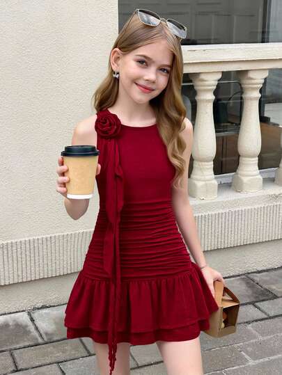 SHEIN Tween Girl Casual Elegant French Ruffle 3D Floral Decor Pleated Asymmetric Round Neck Sleeveless Fitted Short Dress, Princess Dress, New Year Party, Spring Outing, Daily Wear, Burgundy Dress For Tween Girls Mother-Daughter Matching, Tween Girls Sleeveless Dress, Red Teen Girls Dress, Tween Girl Burgundy Dress, Maroon Dress For Girl