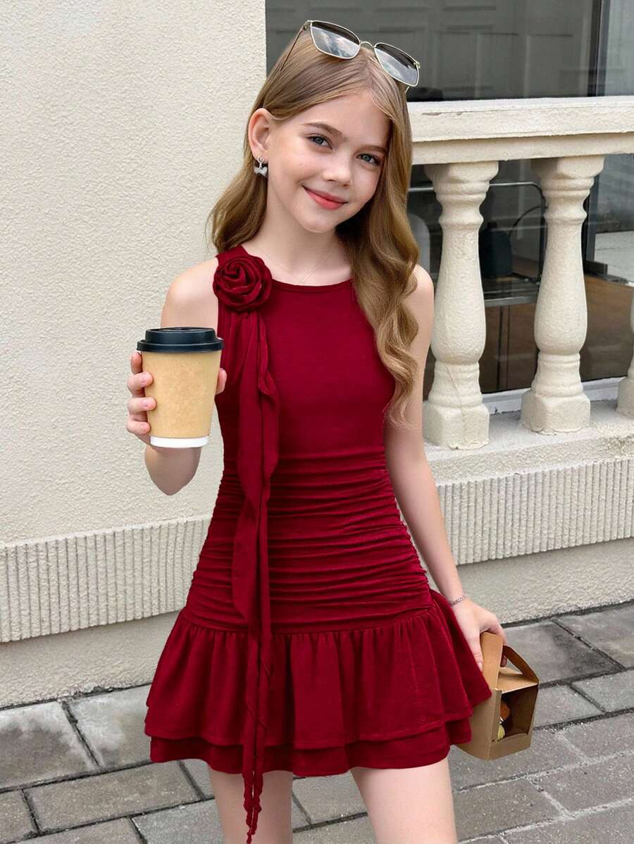 SHEIN Tween Girl Casual Elegant French Ruffle 3D Floral Decor Pleated Asymmetric Round Neck Sleeveless Fitted Short Dress, Princess Dress, New Year Party, Spring Outing, Daily Wear, Burgundy Dress For Tween Girls Mother-Daughter Matching, Tween Girls Sleeveless Dress, Red Teen Girls Dress, Tween Girl Burgundy Dress, Maroon Dress For Girl