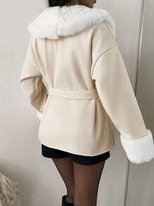 SHEIN EZwear 大码女式纯色毛领落肩长袖休闲外套，秋冬款 - 白色 - 查看 2