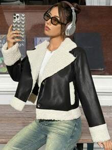 SHEIN EZwear Damska kurtka z futrzanym wykończeniem i kołnierzem garniturowym na jesień/zimę