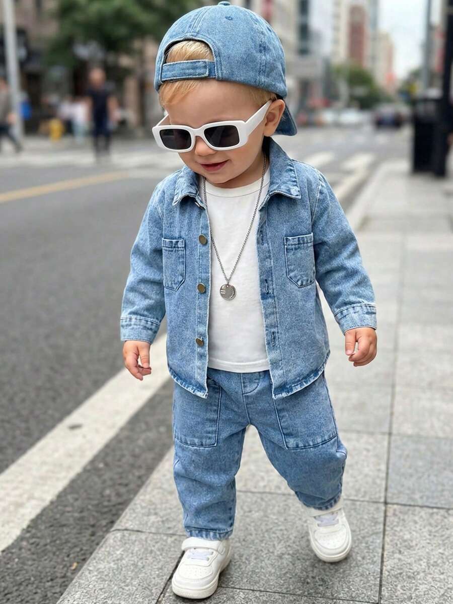 SHEIN 男婴时尚大胆街头服饰复古洗水蓝衬衫和裤子，春季和秋季