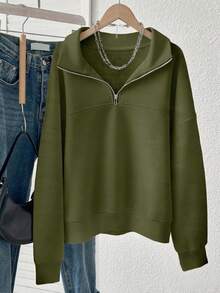 INAWLY 女士宽松开叉拉链领运动衫 - 軍綠色 - 查看 3