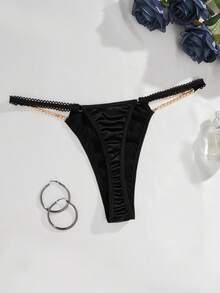 Solid Rhinestone Studded Sexy G-String - Black - View 2